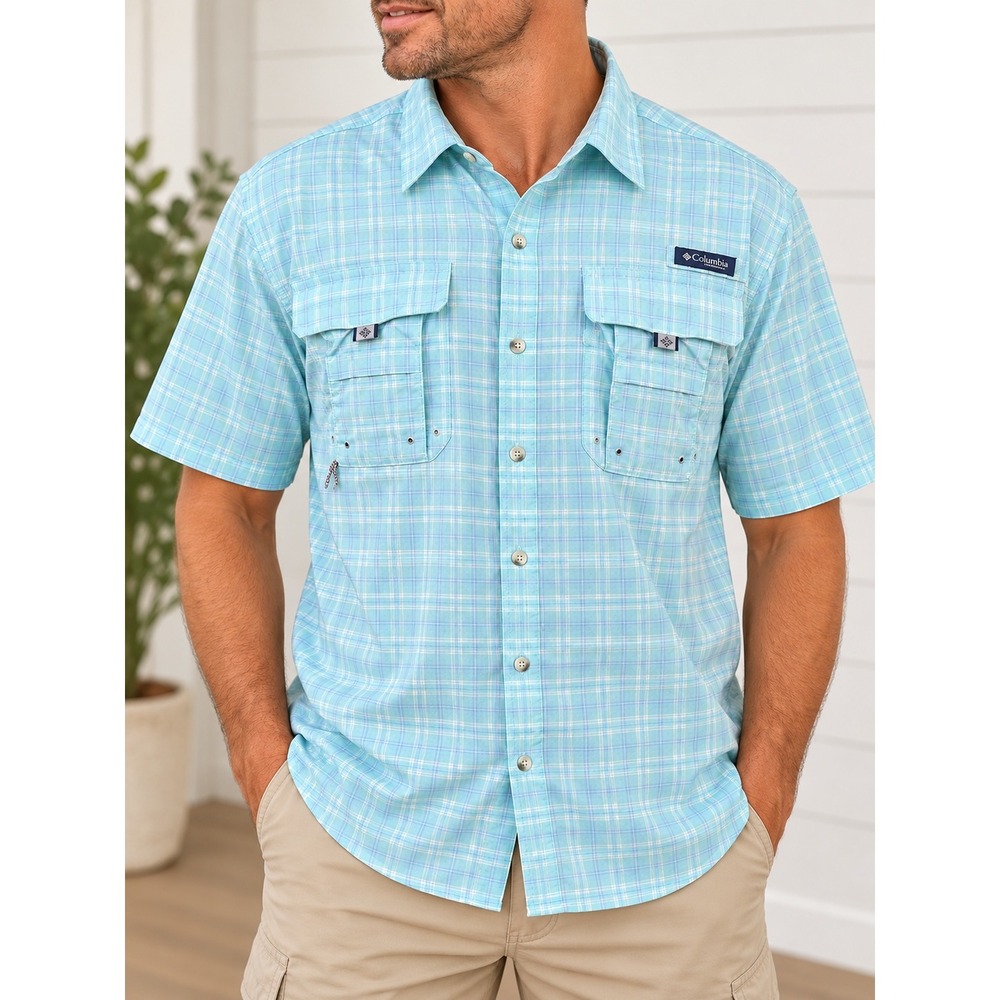 Columbia PFG Super Bahama Mens Medium Plaid Fishing Shirt Green Blue FM7190